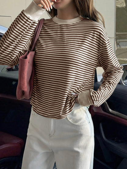Pink Black Striped Long Sleeve Crew Neck Casual Tee