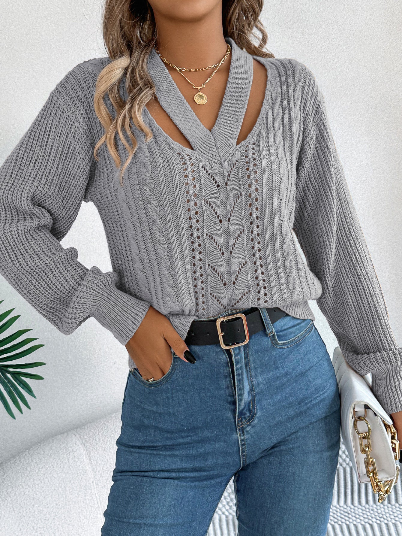 Hollow Out V Neck Cable Knit Lantern Sleeve Sweater
