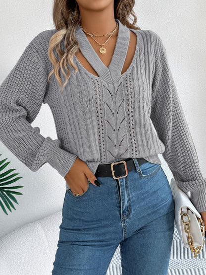 Hollow Out V Neck Cable Knit Lantern Sleeve Sweater