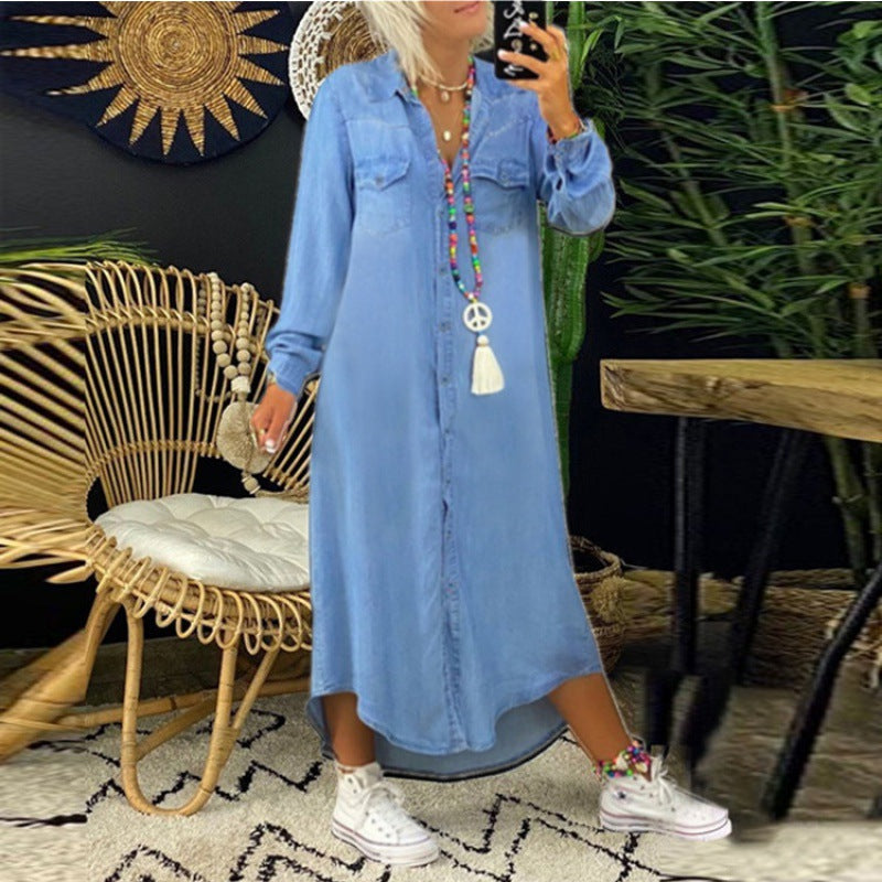 Denim Shirt Dress Long Sleeve Maxi Button Down Casual