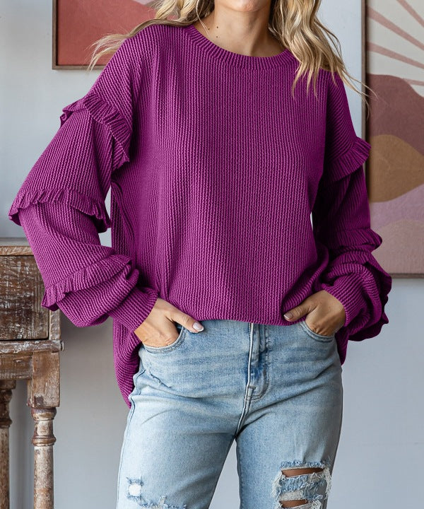 Lantern Sleeve Lace Round Neck Top