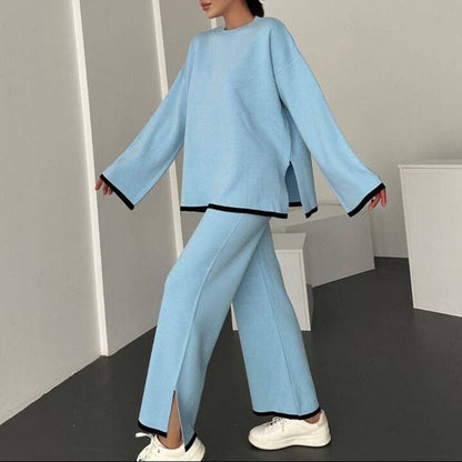 Women Color Block Lounge Set Side Slit Pants
