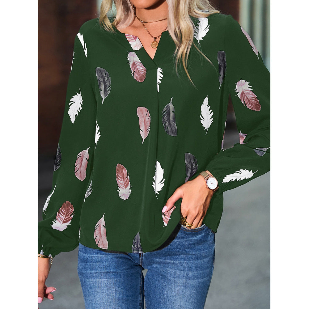 Feather Print V Neck Chiffon Blouse Long Sleeve Top