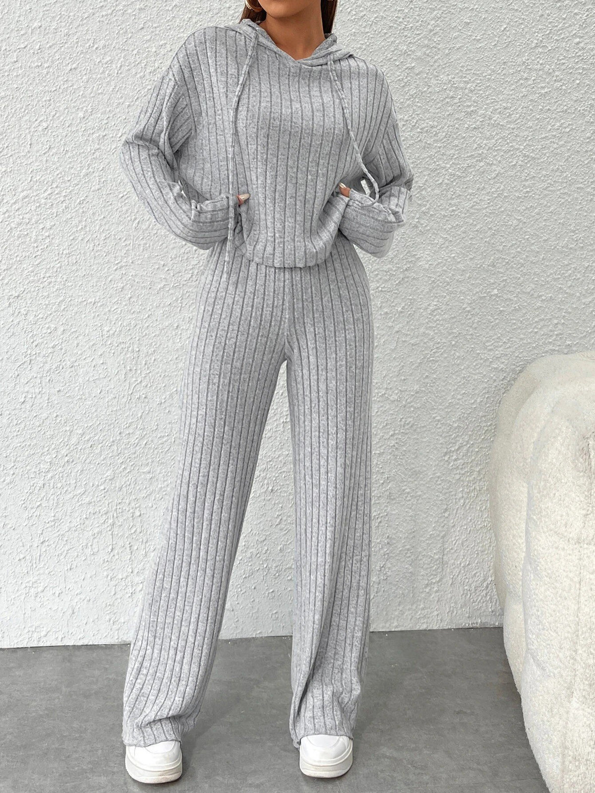 Women's Ribbed Knit Hoodie Wide Leg Pants Lounge Set