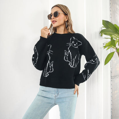 Women's Oversized Cat Graphic Sweater Crewneck Pullover