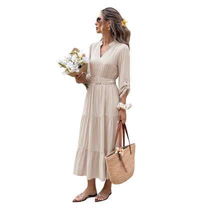 Women's Belted Tiered Maxi Dress Long Sleeve V Neck Casual