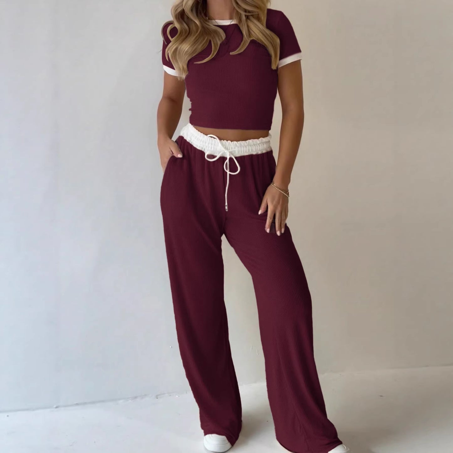 Ribbed Contrast Trim Crop Top Wide Leg Pants Set