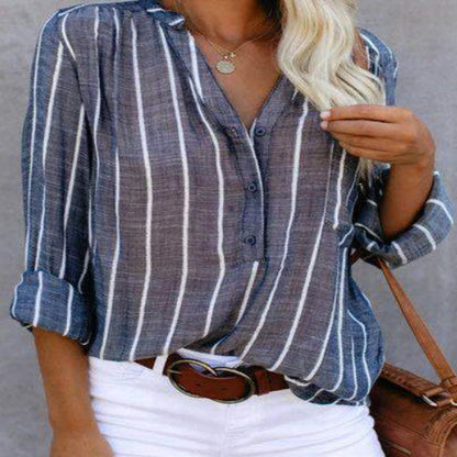 Women's Striped V-Neck Long Sleeve Casual Blouse