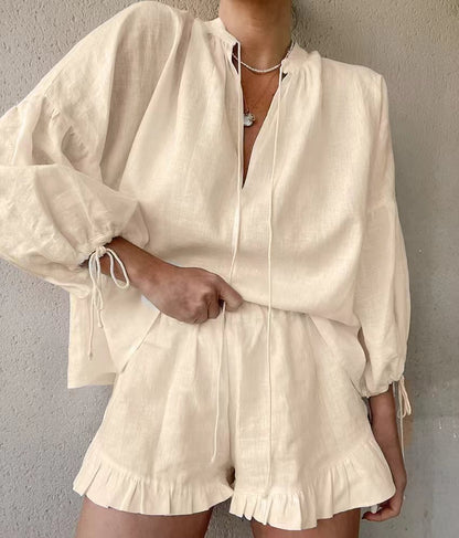 Cotton Linen Balloon Sleeve Tie Front Shorts Set