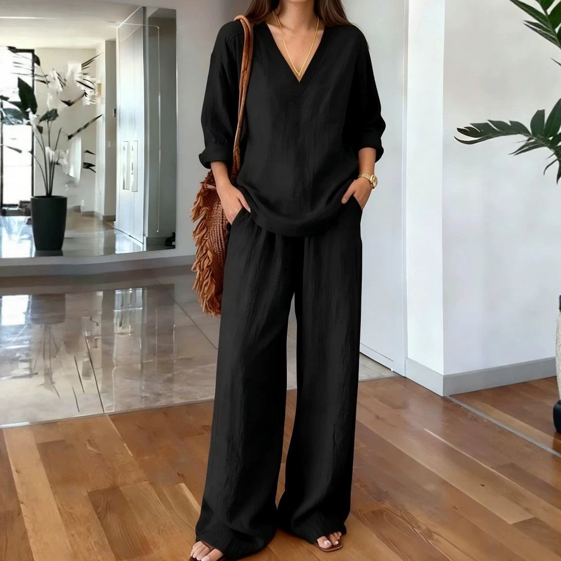 Women's V Neck Lounge Set Wide Leg Pants 2 Piece