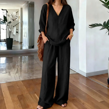 Women's V Neck Lounge Set Wide Leg Pants 2 Piece