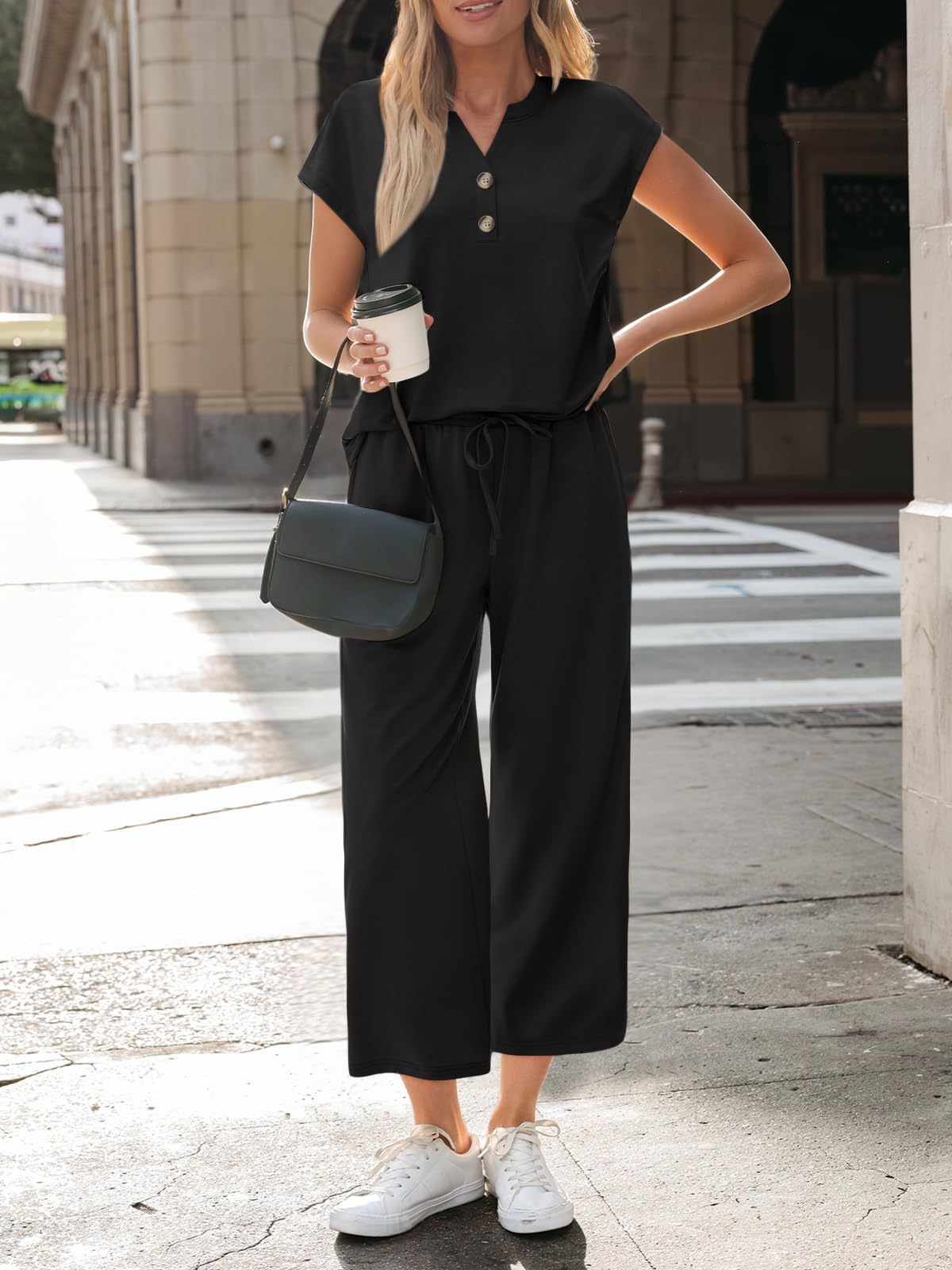 Button Front Short Sleeve Top and Wide Leg Pants Set