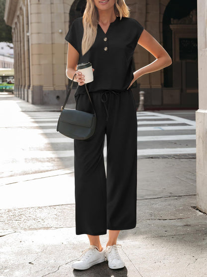 Button Front Short Sleeve Top and Wide Leg Pants Set