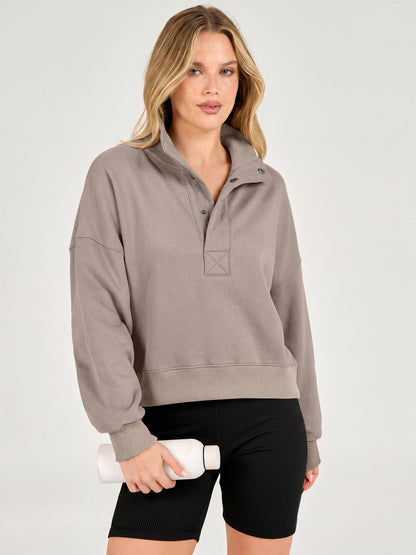 Cropped Henley Sweatshirt Polo Collar Relaxed Fit