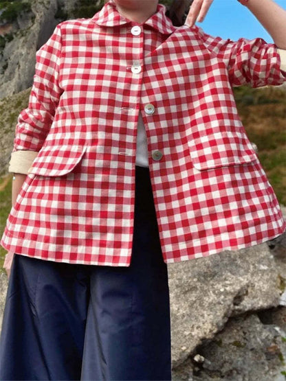 Womens Red Gingham Plaid Jacket Cotton Linen Blend
