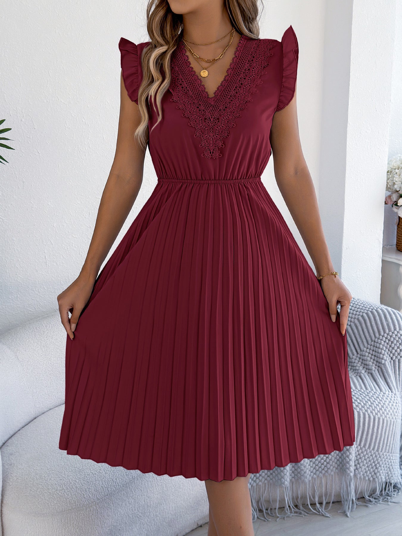 Lace V Neck Pleated Midi Dress with Ruffle Sleeves