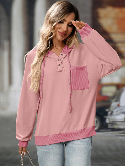 2025 Fall/Winter Colorblock Knit Trim Hoodie – Casual Pullover Sweatshirt