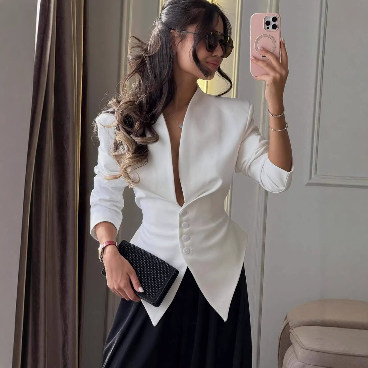 Women's Asymmetric Collarless Blazer Slim Fit Office Jacket