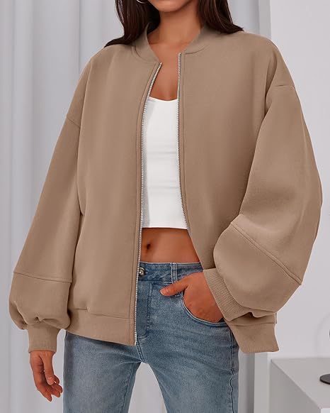 Women's Oversized Zip Up Bomber Jacket Lantern Sleeve
