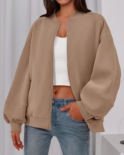 Women's Oversized Zip Up Bomber Jacket Lantern Sleeve