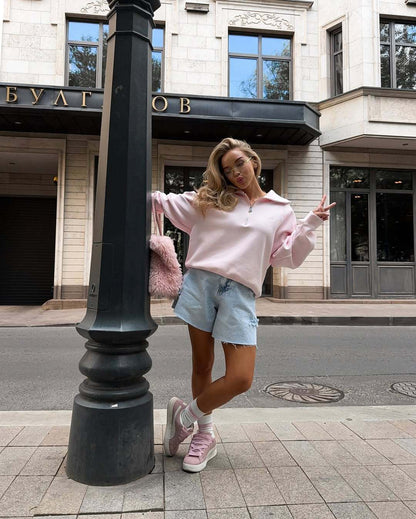 Women's Oversized Embroidered Quarter Zip Sweatshirt Bow