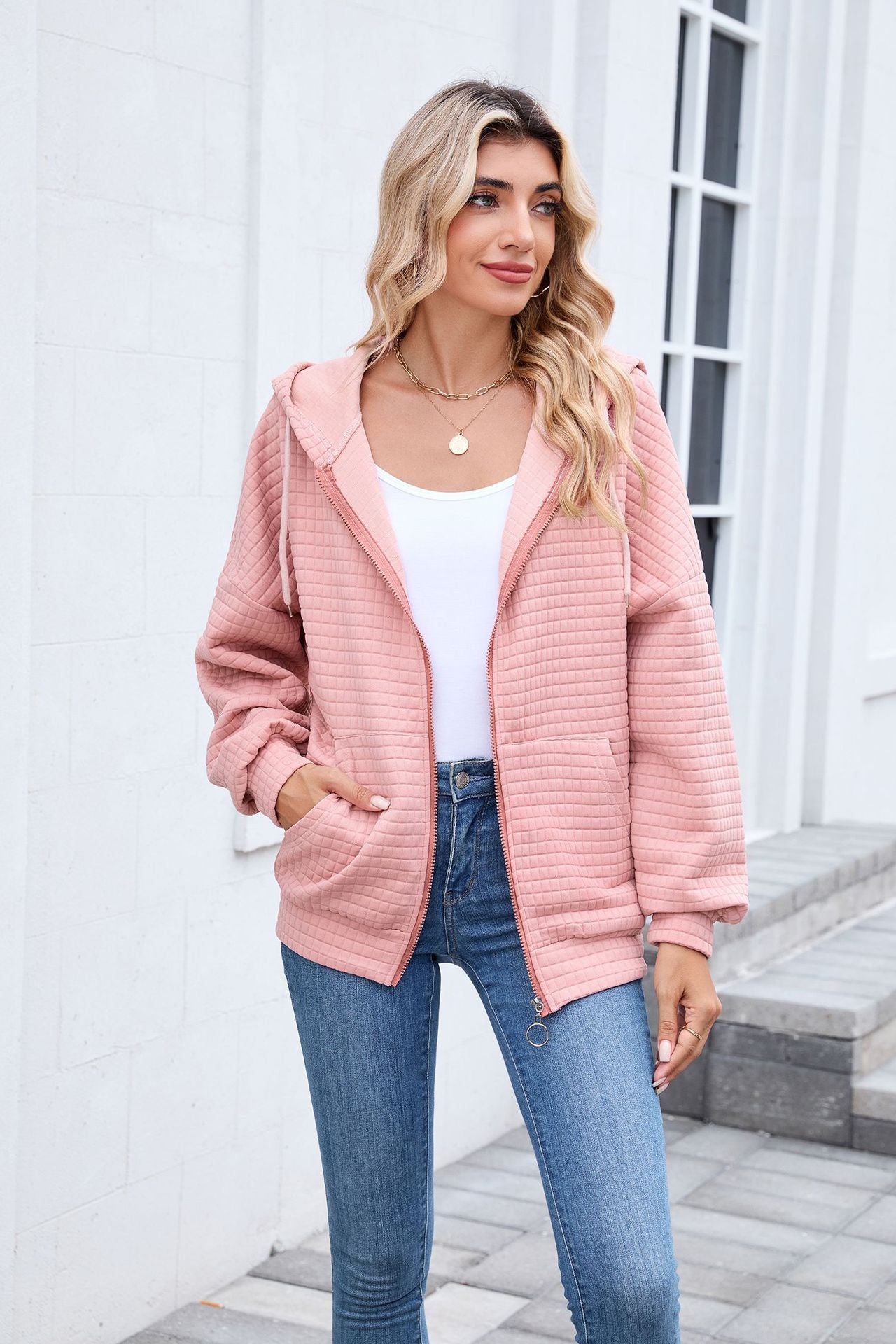 Quilted Zip Up Hooded Jacket Hoodie with Pockets