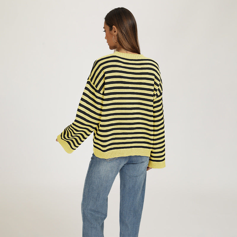 Striped Knit Sweater Crew Neck Pullover Oversized Top