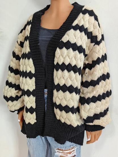 Women's Three-dimensional Contrasting Color Splicing Striped Cardigan Sweater