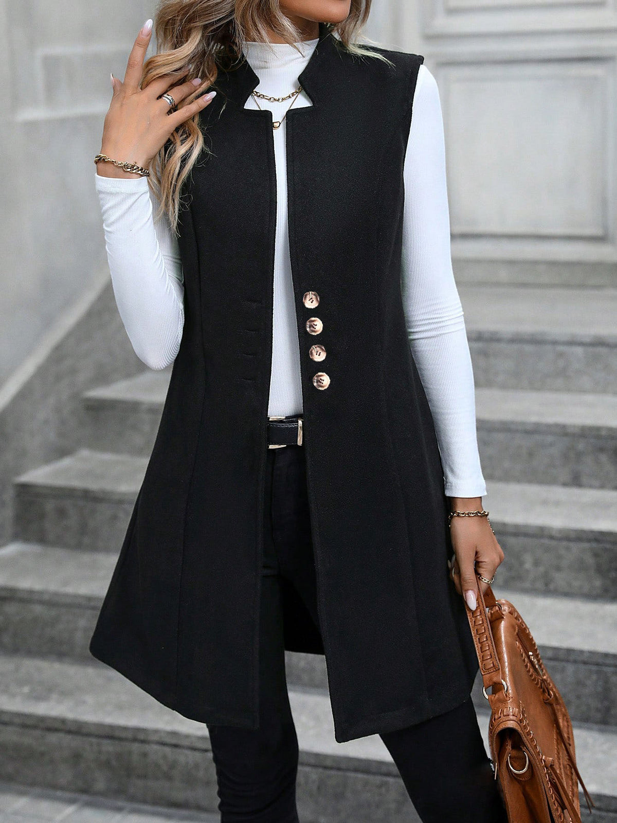 Women's Long Sleeveless Blazer Vest Button Front Jacket