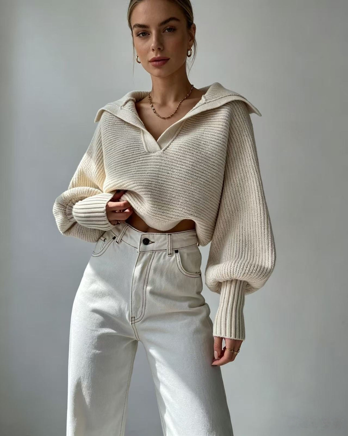 Chunky Knit Collared Balloon Sleeve Sweater