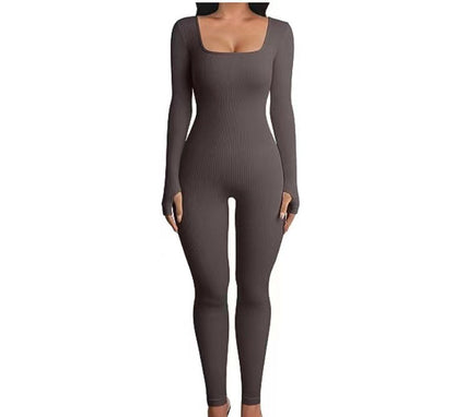 Womens Ribbed Square Neck Bodycon Long Sleeve Jumpsuit