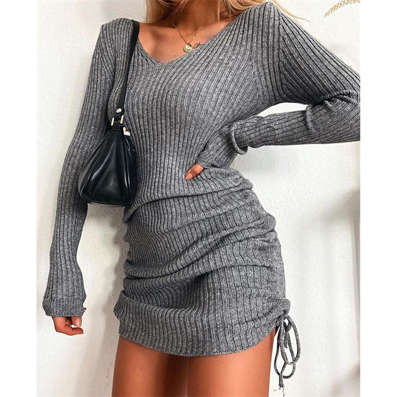 V Neck Ribbed Ruched Long Sleeve Bodycon Mini Sweater Dress