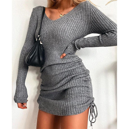 V Neck Ribbed Ruched Long Sleeve Bodycon Mini Sweater Dress