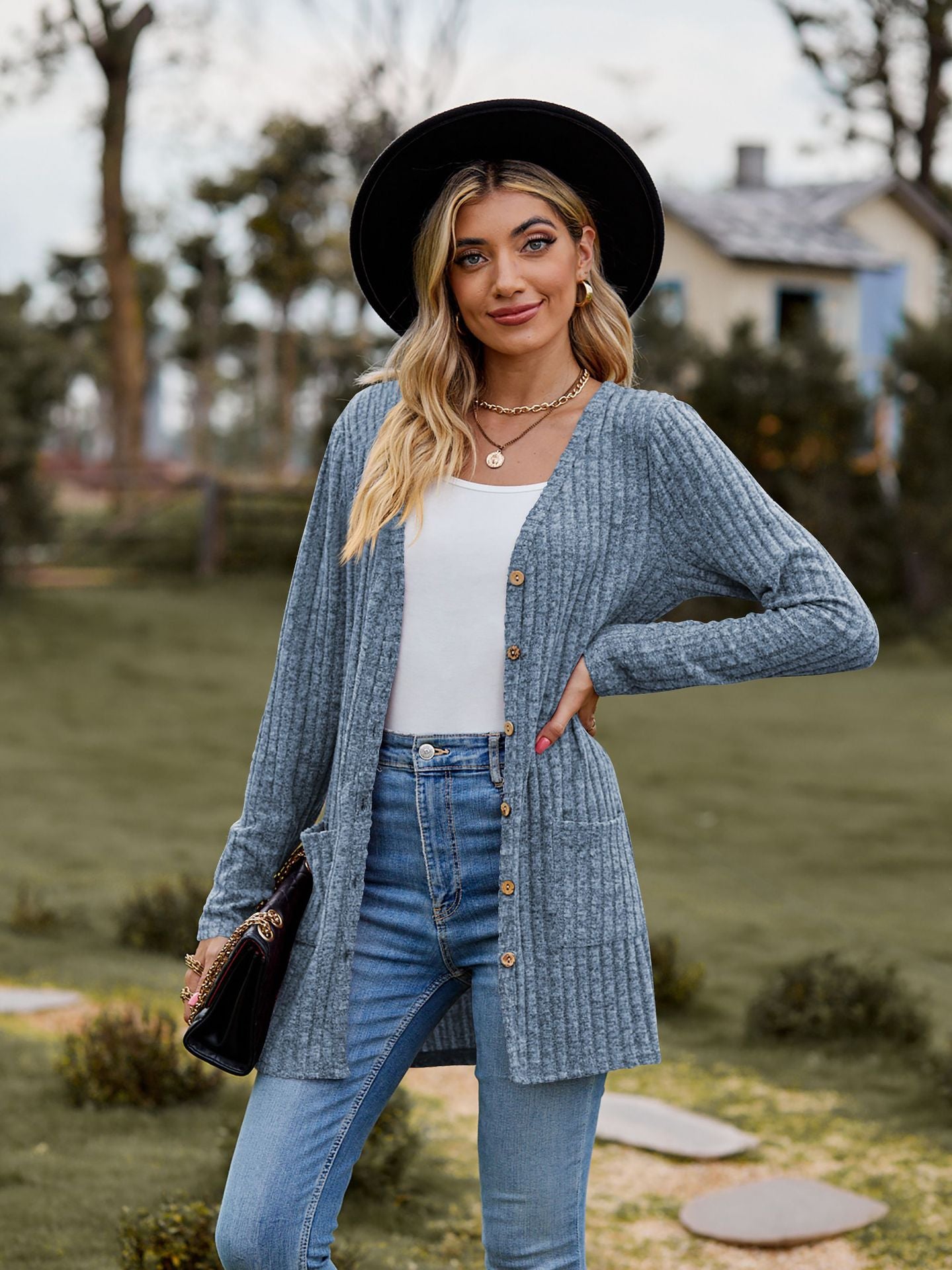 Ribbed Knit Cardigan Long Sleeve Button Pocket Sweater