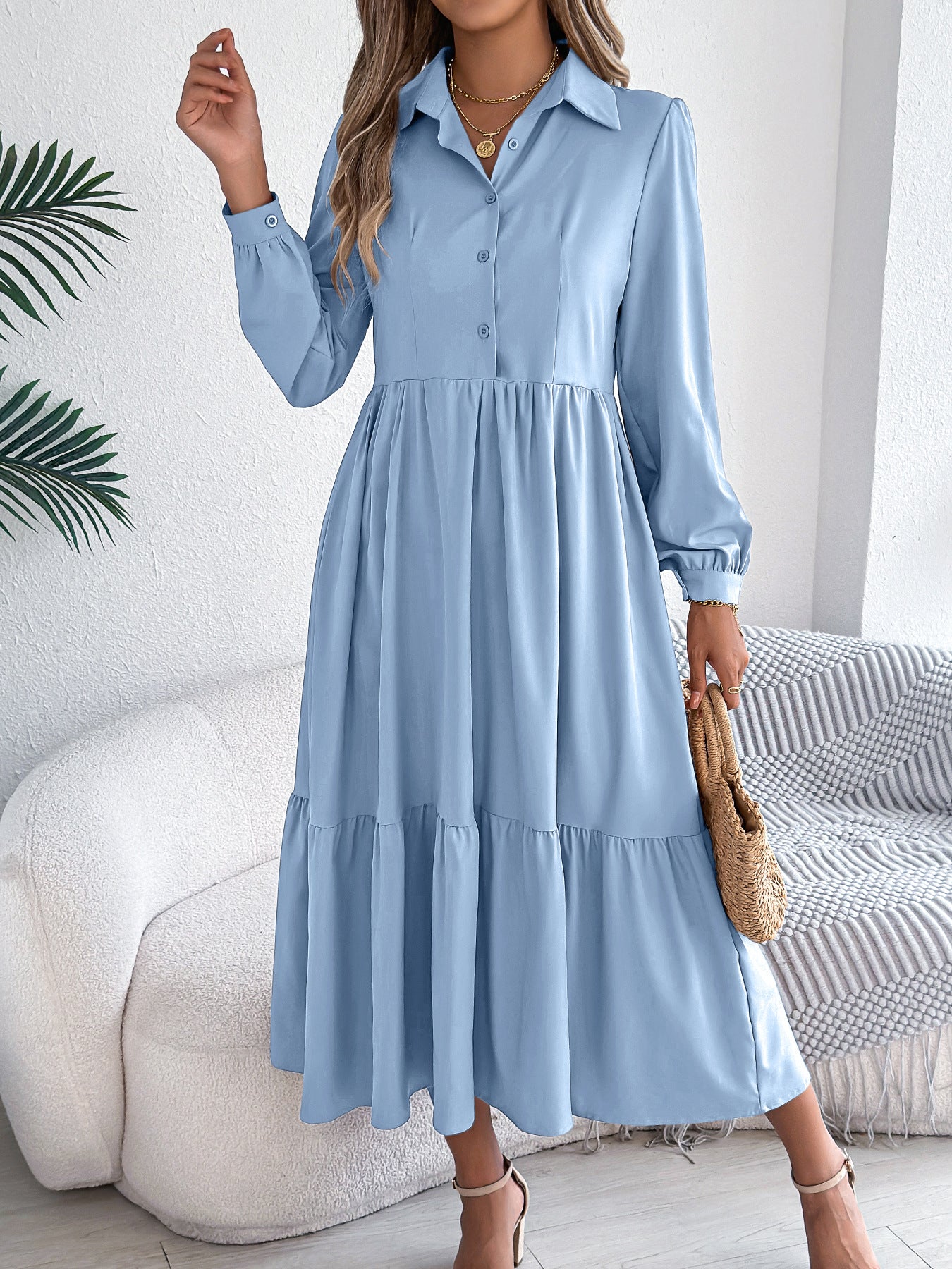 Collared Long Sleeve Tiered Shirt Dress