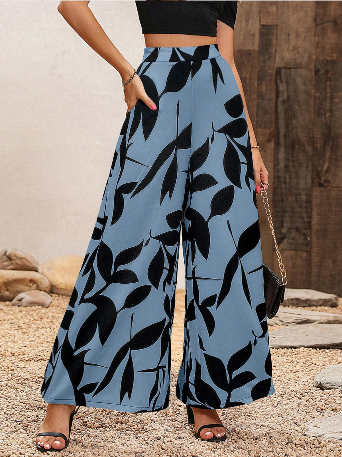 Women's Leaf Print Chiffon High Waist Wide Leg Pants