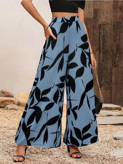 Women's Leaf Print Chiffon High Waist Wide Leg Pants