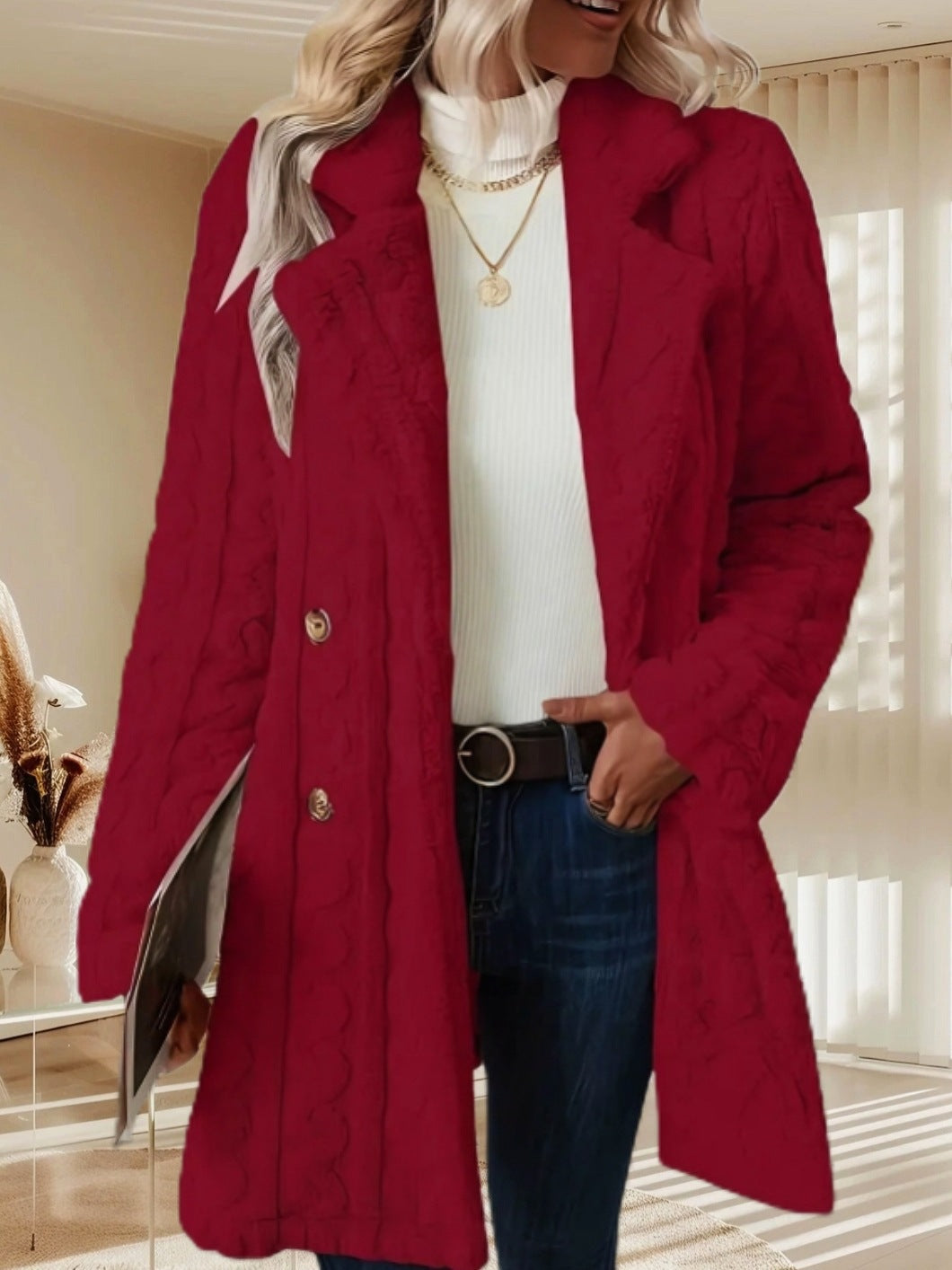 Women's Double Breasted Wool Blend Mid-Length Coat
