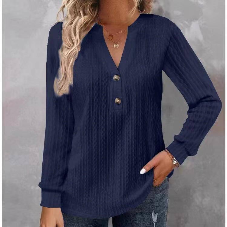 Women's Long Sleeve V Neck Button Front Casual Tunic Top