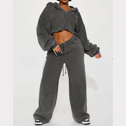 Women's Two Piece Crop Zip Hoodie Wide Leg Sweatpants Set