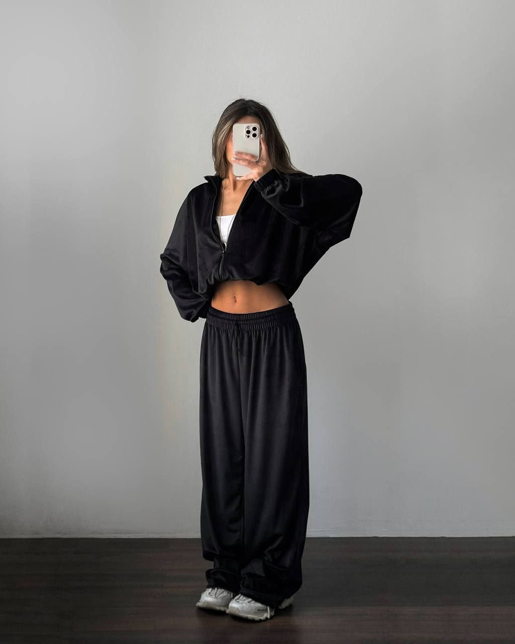 Women's Velvet Zip Up Jacket Wide Leg Pants Matching Set