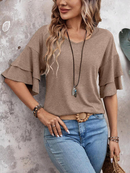 Customizable  Women's V-Neck Flutter Sleeve Top – Casual Summer T-Shirt
