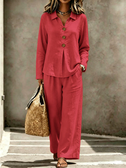 Womens Linen Button Shirt Wide Leg Pants Two Piece Set