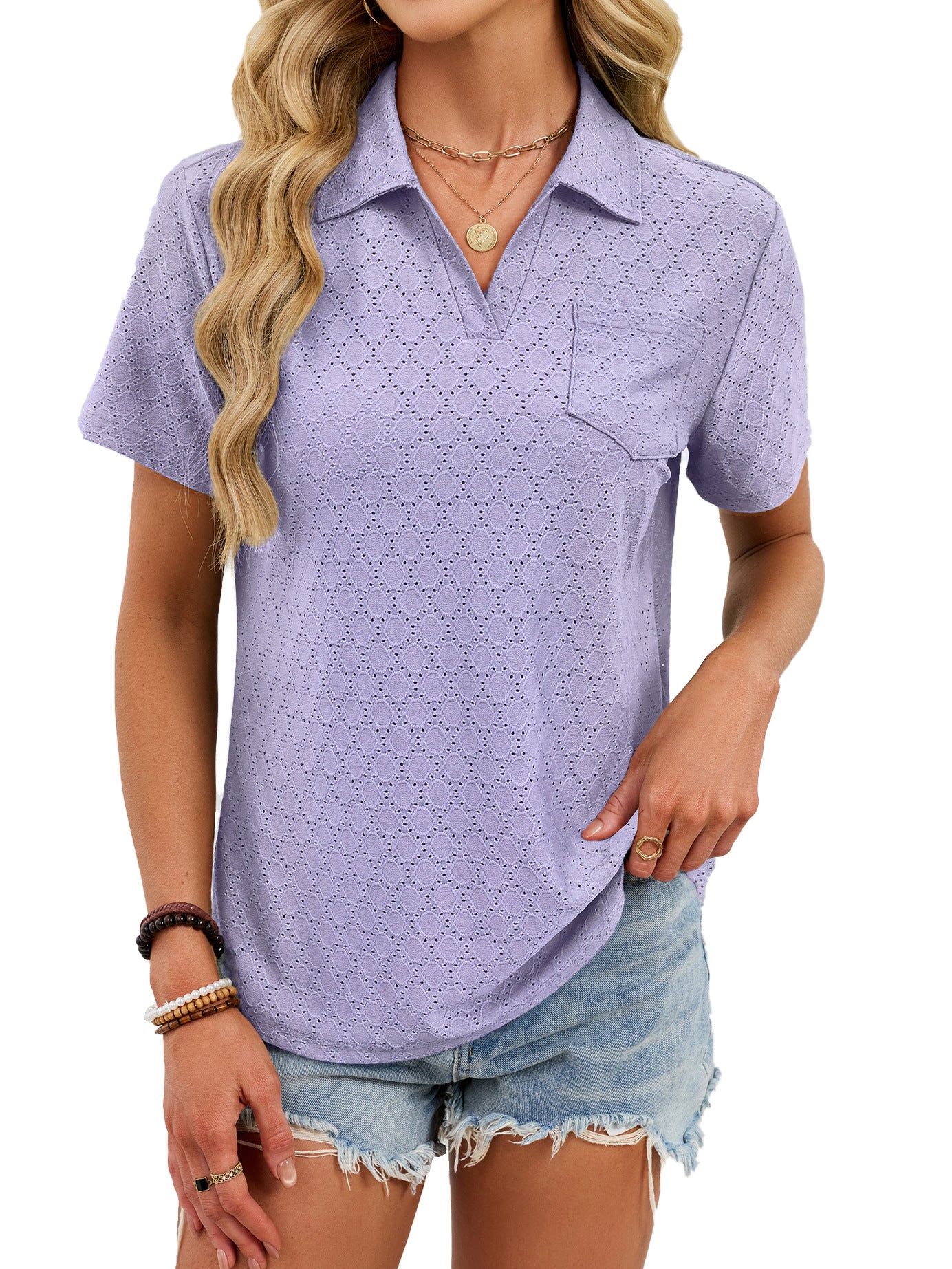 V Neck Polo Shirt Textured Knit Pocket Casual Top