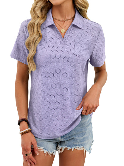 V Neck Polo Shirt Textured Knit Pocket Casual Top
