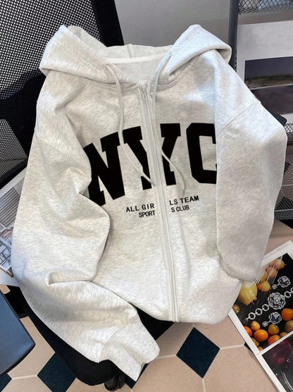 NYC Letter Graphic Zip Up Hoodie Sweatshirt