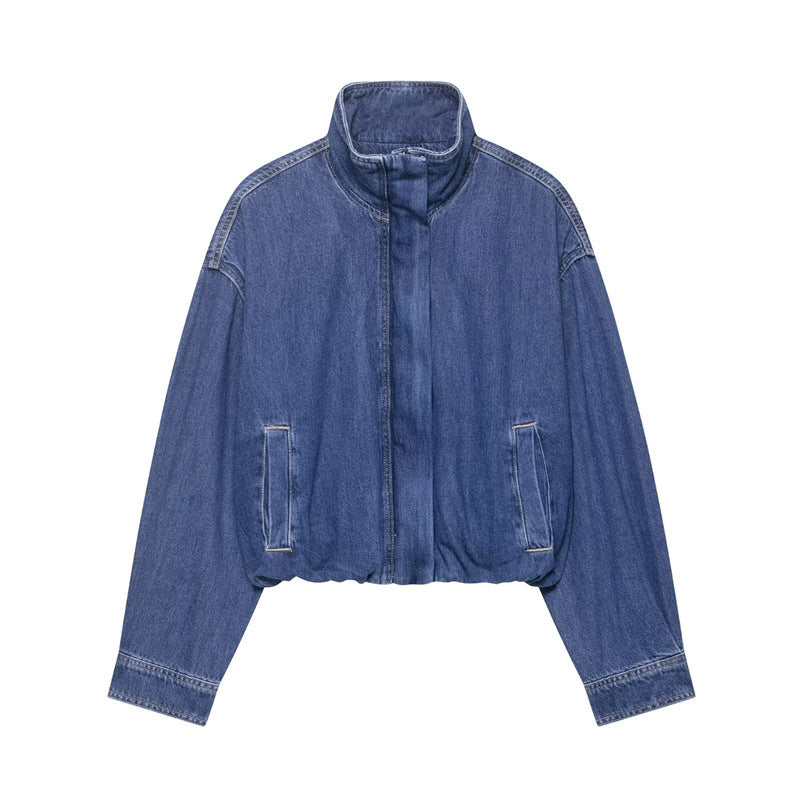 Women's Oversized Denim Jacket Zip Up Casual Blue