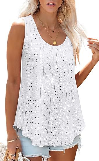 Eyelet Knit Tank Top Sleeveless Loose Fit Summer Top