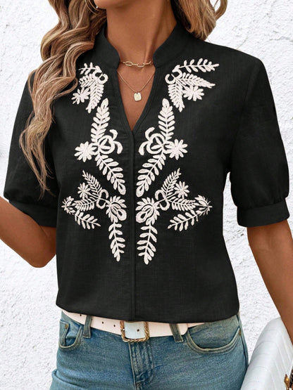 V Neck Embroidered Cotton Blouse Casual Summer Shirt