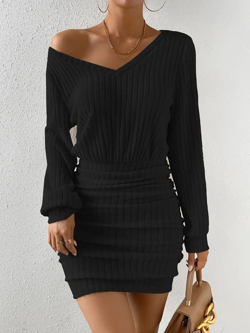 V Neck Ribbed Long Sleeve Ruched Bodycon Mini Dress